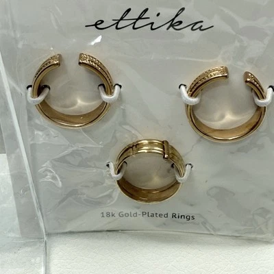 Ettika 18k Gold Plated Rings Size 8 - 2 Open Cuff, 1 Closed Band, Textured - Image 1 of 2