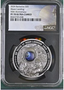2024 Barbados Moon Landing 55th Ann. Black Proof 1 oz Silver Coin NGC PF 70 UCAM - Picture 1 of 7