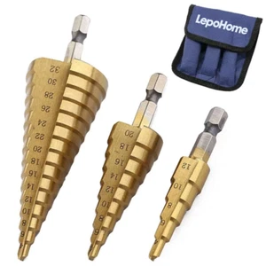 Juego de 3 brocas escalonadas con revestimiento de titanio HSS, vástago hexagona - Picture 1 of 12