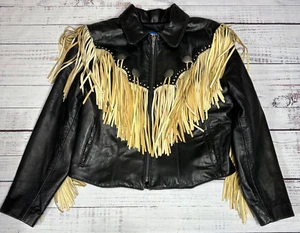 Tribe America Womens Fringed Leather Jacket Size 8 Black Tan Conchos Western - Picture 1 of 10