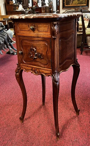 Antique French Provincial Carved Walnut Marble Chamber & Top Commode Cover