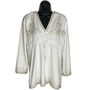 Lucky Brand Hoodie Y2K Womens S/M Embroidered Boho V Neck Sweatshirt Beachy - Picture 1 of 19