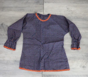 VINTAGE Handmade Youth Girls Size 5-6 Long Sleeve Floral Dress Navy Blue Orange - Picture 1 of 6