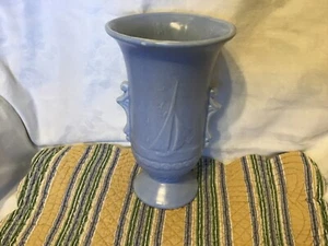 RARE! Nautical Sailboats Nelson McCoy Art Pottery Vase Blue EXC Round 9.25x5 3/8 - Picture 1 of 14