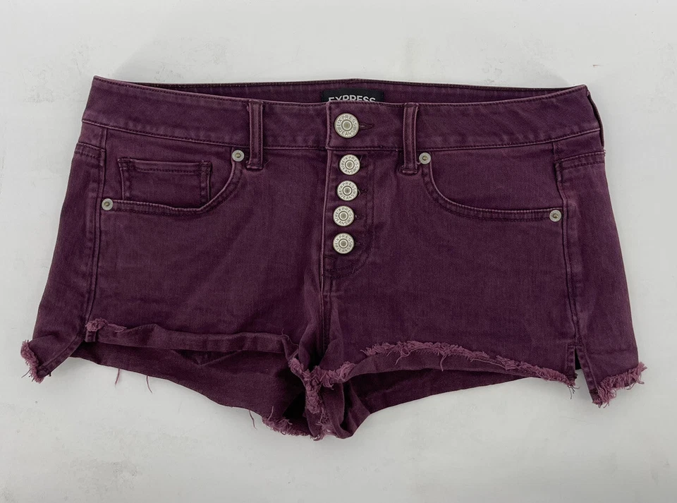 "Pantalones cortos de jean Express Cut Off para mujer talla 4 púrpura denim botón mosca cintura 31""" Foto 1 de 4
