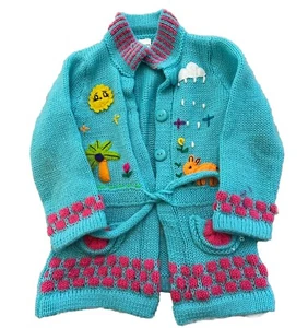 Andes Import Acrylic Cardigan Knitted Sweater Blue Girls Size 8 Sun Aminals Cute - Picture 1 of 10