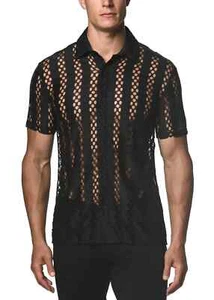 St33le Brand Men's Honeycomb Lace Stretch Short Sleeve Button Up Shirt Black NEW - Picture 1 of 5