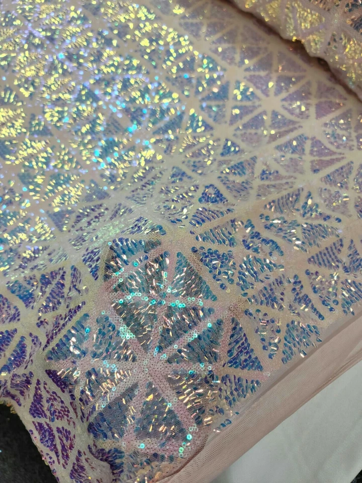 Pink Iridescent Sequin On Four Way Stretch Mesh Geometric Pattern Fabric By Yard - Image 1 of 4