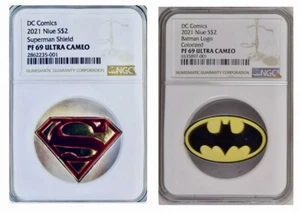 2 DC COMICS LOGOS SUPERMAN SHIELD & BATMAN 2021 1oz SILVER NGC PF 69 ULTRA CAMEO - Picture 1 of 5