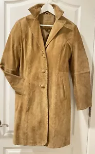 Vintage Guess Suede Leather Camel Boho Long A-Line Coat • Size Large - Picture 1 of 12