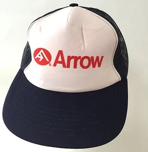 Arrow Company Snapback Hat Navy Blue Mesh Vtg Trucker Cap White Red Logo USA - Picture 1 of 8
