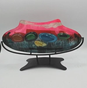 Jasmine Fused Art Glass Vibrant Colorful Vase W/Stand - Picture 1 of 5