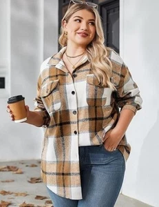 Automet Women's Long Sleeve Plaid Flannel Pocketed Shirt / Shacket Apricot Sz S - Picture 1 of 3