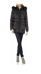 RACHEL ROY Women's Faux Fur Trim Hooded Quilted Puffer Jacket Black SZ S NWT - Picture 1 of 6