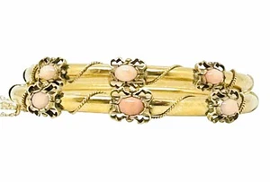 Matching Pair Victorian Solid 14k Yellow Gold Natural Coral Bangle Bracelets - Picture 1 of 12
