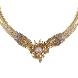 Diamond Ruby Pearl Necklace 18k Gold 2 Dragon Head Choker - Picture 1 of 5