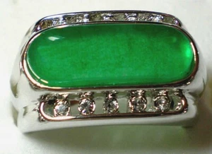 Green Jade 18K White Gold Plated Men's Ring Size 11 - Picture 1 of 3