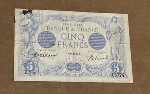 France 5 Francs 1912-1917 Blue Banknote Circulated - Picture 1 of 2