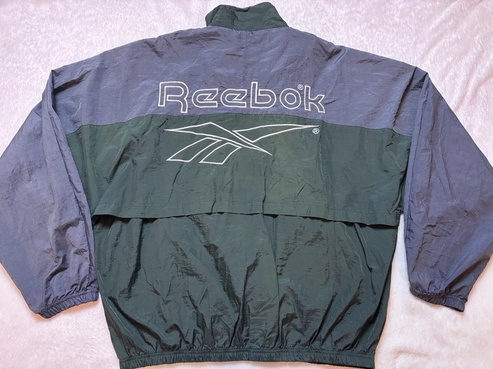 Винтажный фирменный ярлык REEBOK вышитый XL ветровка куртка серый и зеленый мужской - Изображение 1 из 4