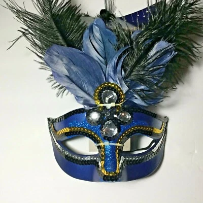 Blue Temptation Masquerade Mask Mardi Gras Women's Feather Eye Mask - Image 1 of 4