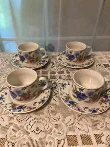 Set 4 Sakura Majesticware FREESIA  Blue Purple Flower Stoneware Cup & Saucers - Picture 1 of 9