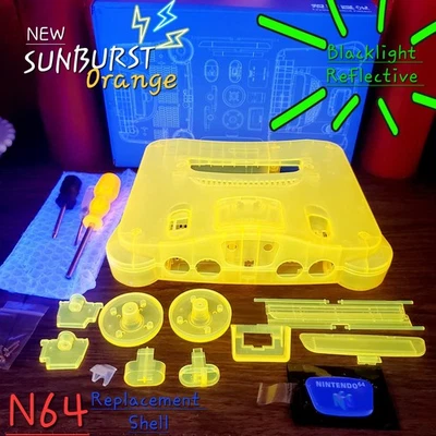 N64 Shell Replacement SUNBURST  ORANGE. Sticker, tools.. Blacklight Reflective  - Image 1 of 4