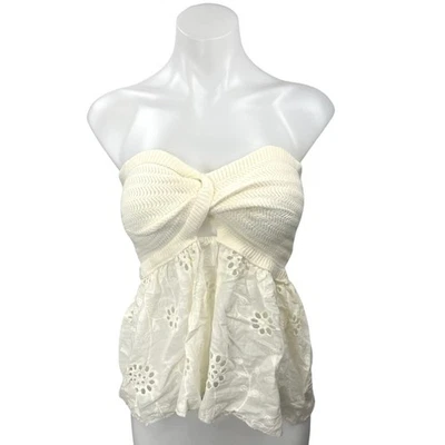 Women's Cream Strapless Tube Bandeau Embroidered Twist Front Blouse Top Size S - Image 1 of 2