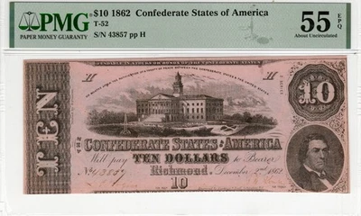 T-52 PF-3 1862 $10 Confederate Paper Money - PMG About Uncirculated 55 EPQ! - Image 1 of 2
