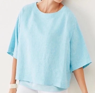 J.Jill Pure 100% linen blue short sleeve top beachy coastal quiet luxury 3x - Image 1 of 4