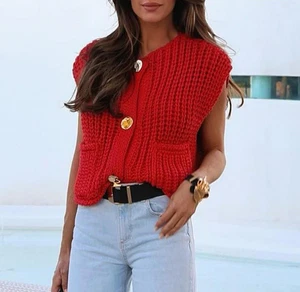 Women Chunky Knit Vest Button Down Sleeveless Sweater Top Size L Large - Picture 1 of 6