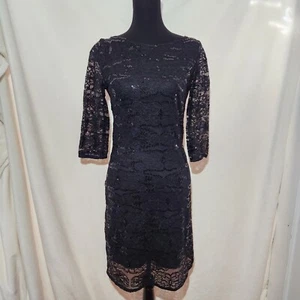 MONIQUE LHUILLIER Lace Sequin Sheath Cocktail Dress Size 4 in Black - Picture 1 of 11