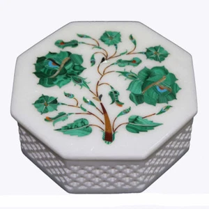 white Marble Trinket Box Semi Precious Stones Pietra Dura Handicraft - Picture 1 of 4