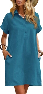 Womens Cotton Shirt Dress Summer Casual Short Sleeve Button down Beach Cover up - Picture 1 of 12