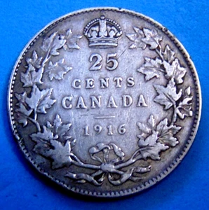1916 CANADA silver quarter dollar twenty five 25 cents cent piece - Picture 1 of 2