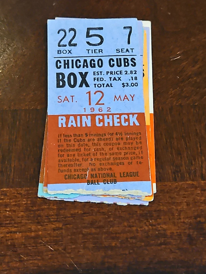 Talón de boleto Cubs 1962 Ernie Banks Hit Lou Brock 2 hits Triple Cubbies MLB Foto 1 de 1
