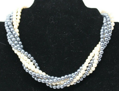 OFF WHITE Collana di perle finte intrecciate grigio bianco sporco argento Adj 16 19" #J 3WP