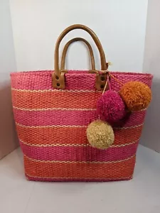 Mar Y Sol Beach Tote Bag Pink Orange Stripes Pom Poms 13"H 13.5"W 7.5"Deep - Picture 1 of 11