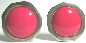 VINTAGE DAUPLAISE SIGNED Silver Tone & Pink circle Large CLIP ON EARRINGS - Picture 1 of 6