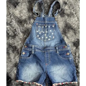 Jordache Girls Denim Overall Shorts Stars Pattern Pom Pom Trim L/G 10-12 - Picture 1 of 5