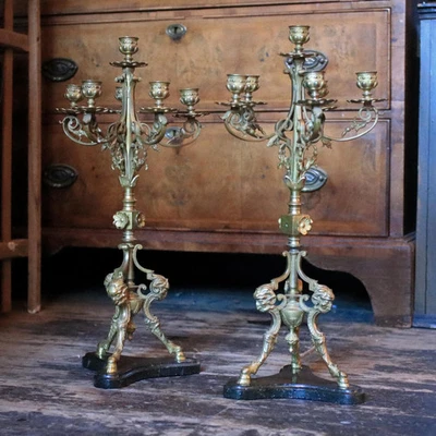 Pair Of Tall Antique Five-Light Gilt Brass Candelabra On Ebonised Tripod Bases  - Image 1 of 4