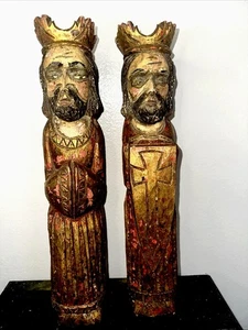 Antique 2 Pc 1Wooden 16” Santos Religious Icons –Kings, Gilded Polychrome Folk - Picture 1 of 18