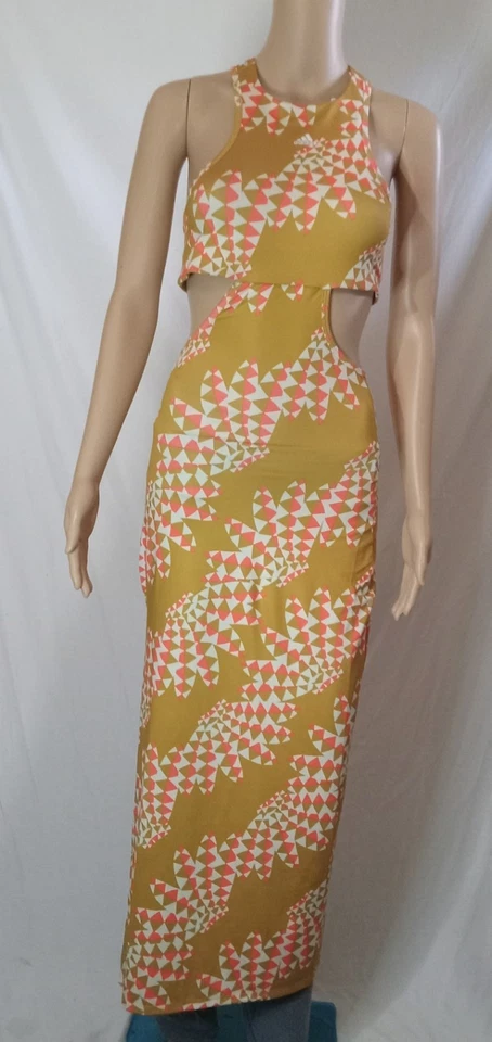 Adidas X Farm Rio Psychedelic Wave Maxi Farm Dress Victory Gold Sz XS