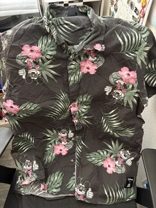 Disney Neff Hawaiian Shirt Size L Black Floral Mickey Mouse Button Up Aloha - Picture 1 of 4