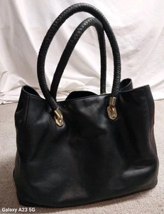 Cole Haan Benson Tote Purse Black Pebbled Leather Braided Handles - Picture 1 of 24