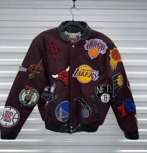 Mens Small Jeff Hamilton NBA Teams Logo Patch Wool Leather Bomber Jacket Maroon - Picture 1 of 8