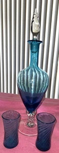 Mid Century Empoli Glas Karaffe Dschinn Glas mundgeblasen mit 2 kleinen blauen Gläsern - Bild 1 von 21