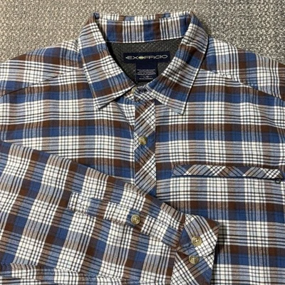 ExOfficio Plaid Flannel Button Up Shirt Mens Large Blue/Brown Outdoor - Image 1 of 4