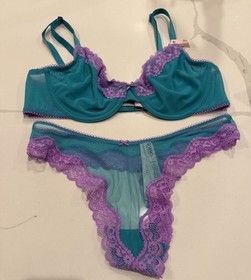 Victoria&rsquo;s Secret TEASE Demi Bra & Panty Set Teal Mesh Purple Lace 36C/Med NWT