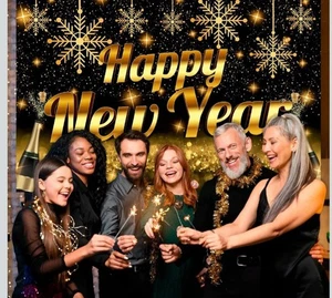 Happy New Year, Stoff Hintergrund Hintergrund Hintergrund. Wiederverwendbar. Gold Blk Bling. 7x2ft. Neu - Bild 1 von 13