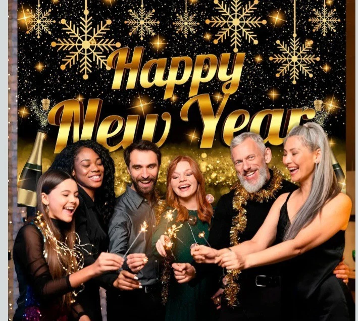 Happy New Year Background Backdrop. Fabric Reusable. Gold Blk Bling. 7ftx2ft New - Image 1 of 4